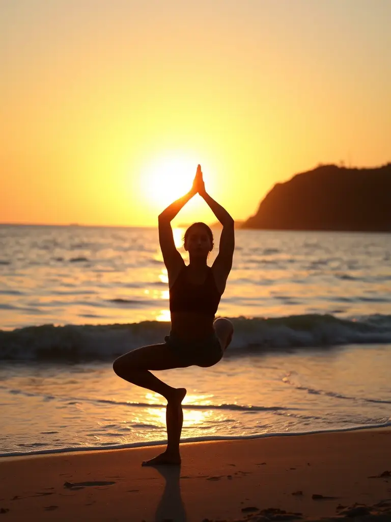 A serene image representing lifestyle, showing a person practicing yoga at sunrise, suitable for the lifestyle category on the 1gaea blog.